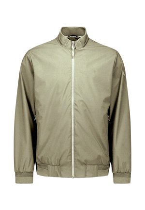 Hellolivgrüne Jacke mit Reißverschluss, Stehkragen, langen Ärmeln, gerippten Bündchen und Saum, auf weißem Hintergrund gezeigt.
