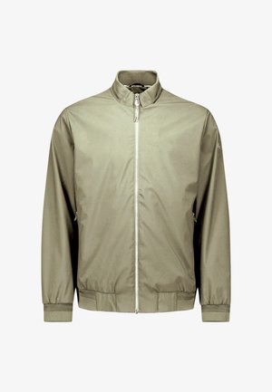 Hellolivgrüne Jacke mit Reißverschluss, Stehkragen, langen Ärmeln, gerippten Bündchen und Saum, auf weißem Hintergrund gezeigt.