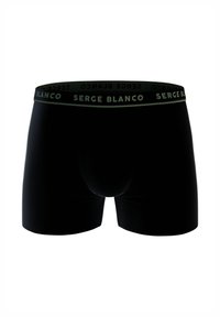 Boxer noir en tissu extensible, doté d'une ceinture élastique verte avec le logo "SERGE BLANCO". Texture lisse, style ajusté.