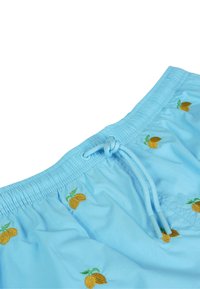 Costumi da bagno azzurri con cintura elastica, cordino di regolazione e motivi a limone ricamati in oro. Tessuto morbido con design casual.