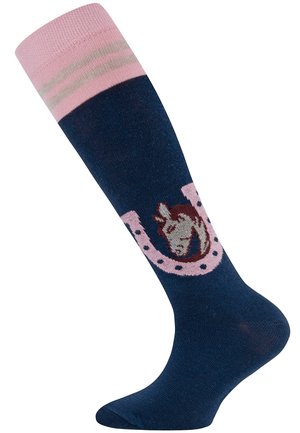 Chaussettes montantes navy avec une bordure à rayures roses, présentant une tête de licorne dans un design en fer à cheval rose, fabriquées en tissu doux et extensible.