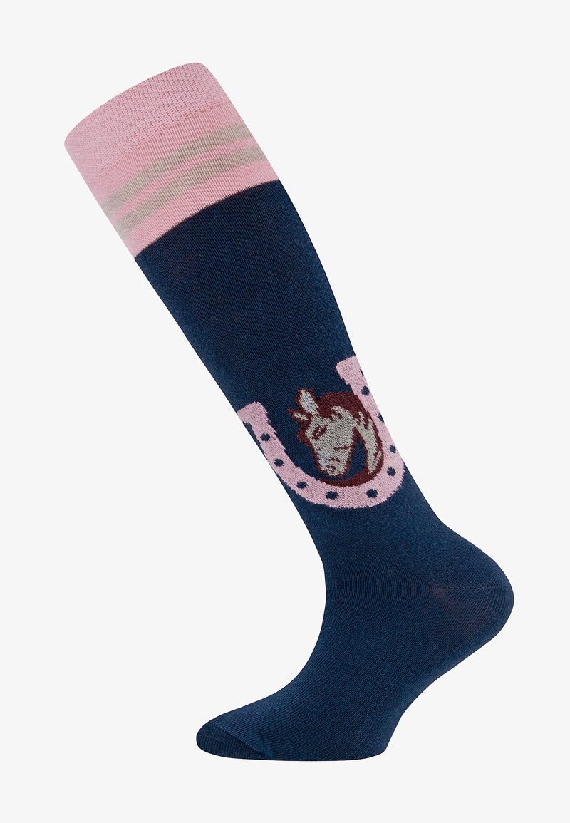 Marineblaue kniehohe Socken mit pink gestreiftem Bündchen, das ein Einhornkopf innerhalb eines pinken Hufeisen-Designs zeigt, aus weichem, dehnbarem Stoff.