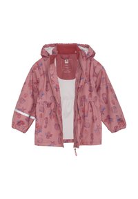 Rosa vattentät regnjacka med elastiska ärmslut, huva och en lekfull tryck med havsvarelser i blått och lila. Har en reflekterande remsa.