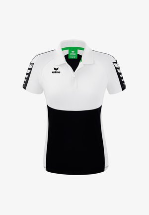 Polo shirt bianco e nero realizzato in tessuto, con colletto, maniche corte e audaci motivi laterali con logo del marchio.
