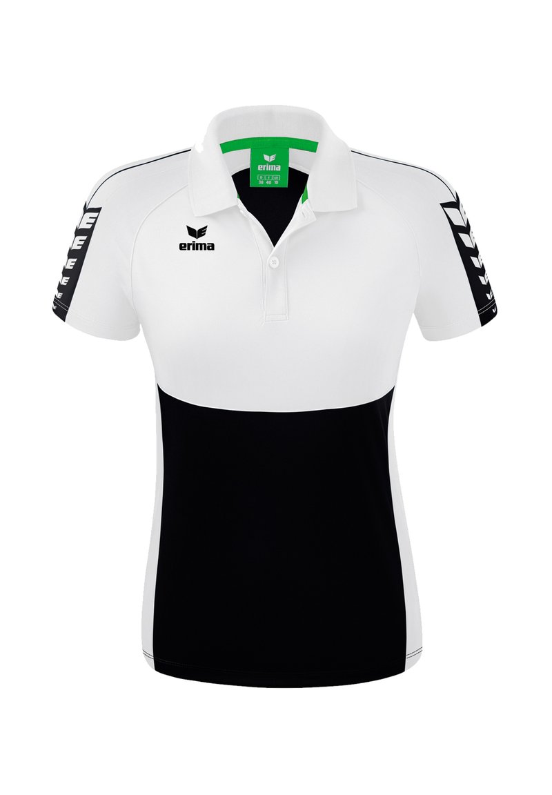 Witte en zwarte polo-shirt gemaakt van textielmateriaal, met een kraag, korte mouwen en gedurfde zijpatronen met het merklogo.