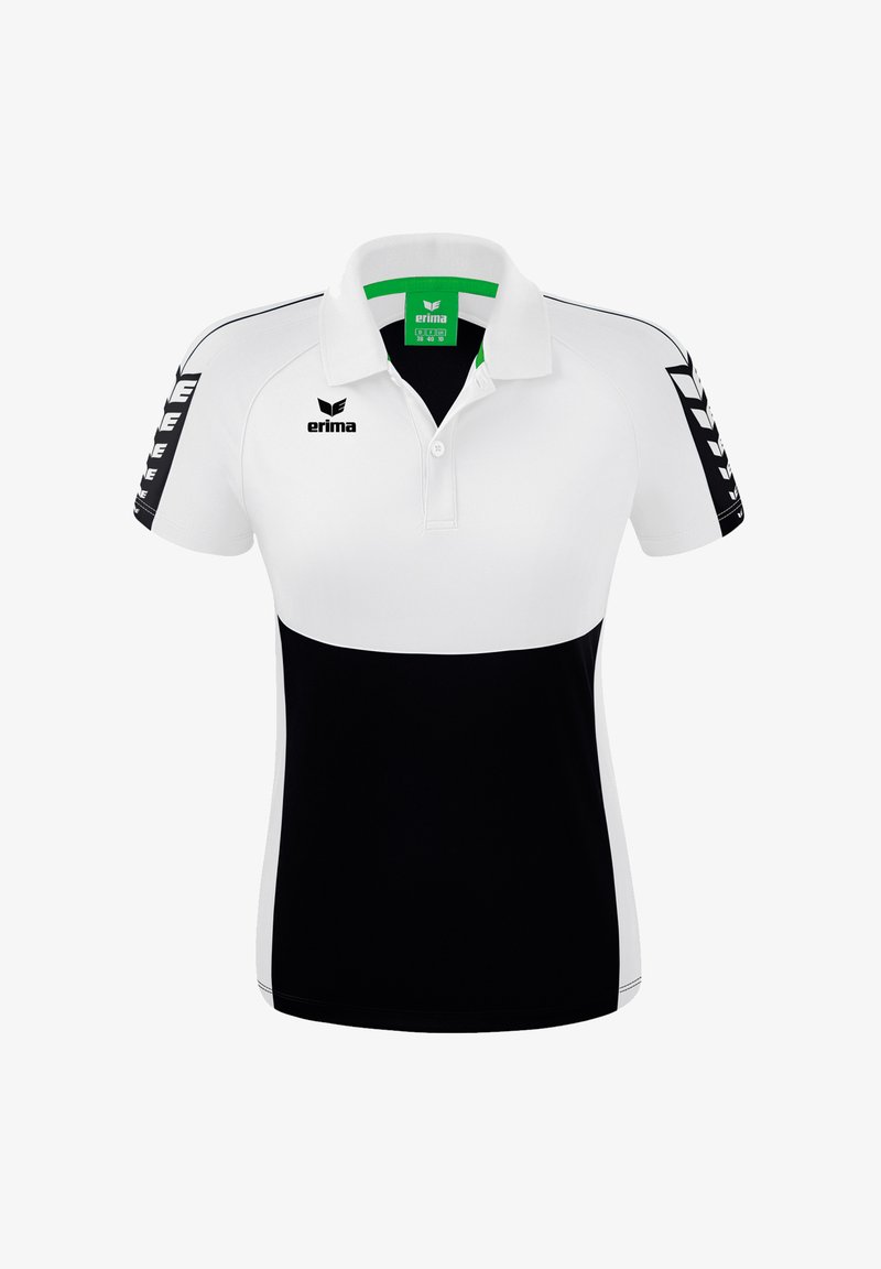 Witte en zwarte polo-shirt gemaakt van textielmateriaal, met een kraag, korte mouwen en gedurfde zijpatronen met het merklogo.