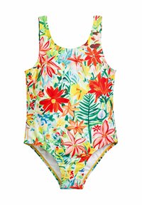 Maillot de bain une pièce avec un motif floral vibrant aux couleurs rouge, jaune et verte. Fabriqué en tissu doux et extensible avec un col rond.