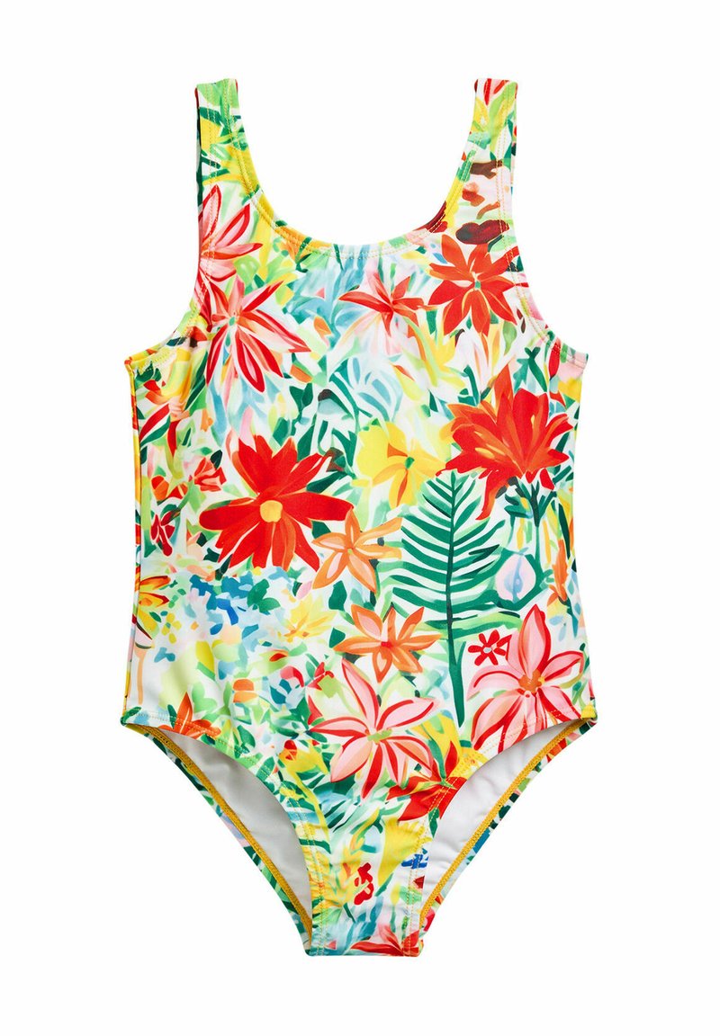 Maillot de bain une pièce avec un motif floral vibrant aux couleurs rouge, jaune et verte. Fabriqué en tissu doux et extensible avec un col rond.
