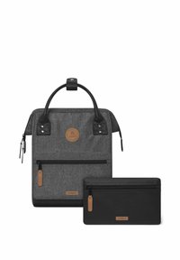 Gray fabric backpack with a textured surface, top handle, and front zip pocket; includes a small black zippered pouch with a smooth texture.