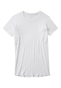 White short-sleeve t-shirt made of smooth cotton blend, featuring a classic crew neck and soft, stretchy fabric for comfort.