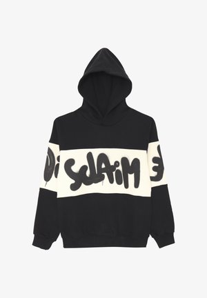 Felpa nera e crema con una tasca frontale a marsupio, testo in stile graffiti, e polsini e orlo a coste. Il cappuccio è regolabile.