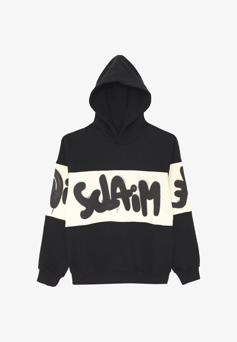 Felpa nera e crema con una tasca frontale a marsupio, testo in stile graffiti, e polsini e orlo a coste. Il cappuccio è regolabile.