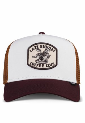 White and brown trucker cap with maroon brim, featuring a patch of a skeleton relaxing in a coffee cup with "Lazy Sunday Coffee Club" text.