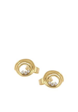 Gold circular stud earrings with three small clear gemstones set inside each spiral-shaped design.