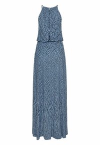 Vestido maxi de tela azul con lunares negros. Presenta un diseño sin mangas, cintura ajustada y falda fluida.