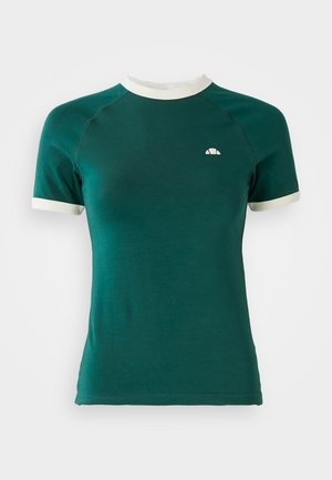 Grön t-shirt med kort ärm och vit ribbad rund halsringning och ärmslut. Har en liten logotyp på den övre vänstra bröstområdet.