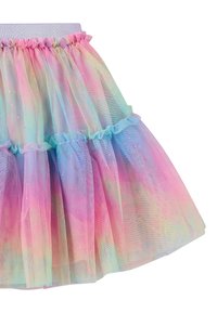 La gonna di tulle presenta una sfumatura arcobaleno di colori pastello, un design leggero e a strati, con una cintura elastica arricciata e accenti di glitter.