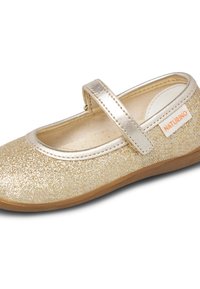 Zlaté třpytivé Mary Jane boty s kovovým popruhem, gumovou podrážkou a béžovým polstrovaným interiérem. Obsahuje malou logovou nálepku na straně.