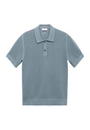 Polo de color azul claro en un tejido de punto texturizado, con mangas cortas, cuello y tres botones frontales. Los puños y el dobladillo sólidos completan el diseño.