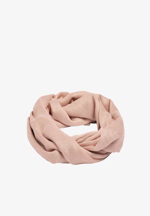 Miękki różowy szalik infinity z delikatnym połyskiem, luźno skręcony w okrągły kształt na białym tle.