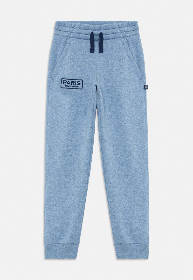 Light blue sweatpants with elastic cuffs and waistband, navy drawstrings, side pockets, and "Paris Saint-Germain" logo on the left thigh.