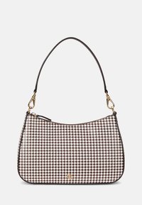 Rudos ir baltos houndstooth rašto rankinė su išlenktu pavidalu, viena juoda rankena, auksiniais priedais ir užtrauktuku.