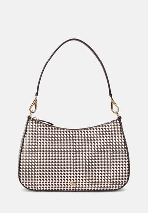 Rudos ir baltos houndstooth rašto rankinė su išlenktu pavidalu, viena juoda rankena, auksiniais priedais ir užtrauktuku.