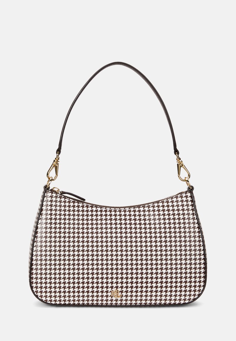 Rudos ir baltos houndstooth rašto rankinė su išlenktu pavidalu, viena juoda rankena, auksiniais priedais ir užtrauktuku.