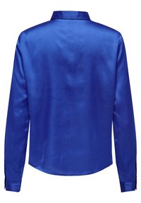Chemise en soie à manches longues bleu roi vif, vue de dos avec un col classique et des poignets boutonnés.