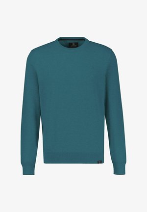 Türkisfarbener Strickpullover mit Rundhalsausschnitt, gerippten Bündchen und Saum. Verfügt über ein dezentes Logo auf der Brust. Glatte Textur und Standardpassform.