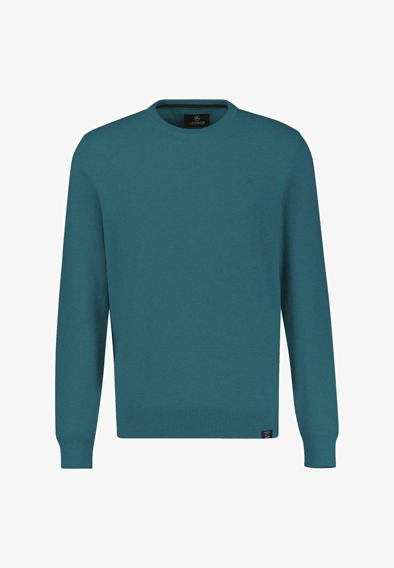 Türkisfarbener Strickpullover mit Rundhalsausschnitt, gerippten Bündchen und Saum. Verfügt über ein dezentes Logo auf der Brust. Glatte Textur und Standardpassform.