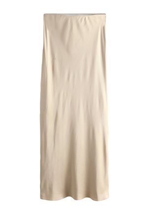 Vestito sottoveste beige fino al ginocchio, realizzato in tessuto jersey liscio. Presenta un design semplice e lineare con scollo arrotondato e senza decorazioni.