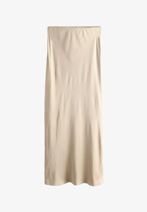 Vestito sottoveste beige fino al ginocchio, realizzato in tessuto jersey liscio. Presenta un design semplice e lineare con scollo arrotondato e senza decorazioni.