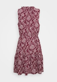 Abito senza maniche color bordeaux con scollatura arricciata e stampa floreale, dotato di una gonna a strati e vita elastica per una vestibilità comoda.