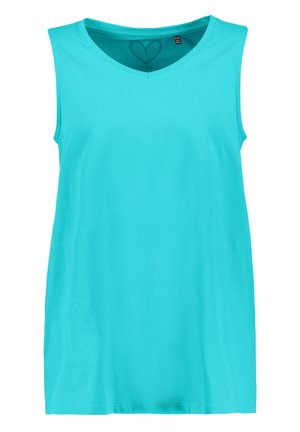 Aqua-blaues ärmelloses Oberteil aus weicher Baumwolle, mit V-Ausschnitt und einem lässigen Schnitt. Einfaches Design ohne sichtbare Muster oder Beschläge.