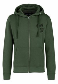 Felpa verde con zip realizzata in tessuto misto cotone, con tasca frontale, cappuccio regolabile con cordino e logo stampato sul petto.