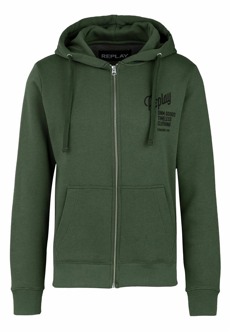 Veste à capuche zippée verte en tissu mélangé coton, avec une poche frontale, un capuchon ajustable à cordon de serrage et un logo imprimé sur la poitrine.