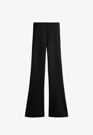 Black wide-leg trousers made of smooth fabric, featuring a high waist, clean lines, and no visible pockets or embellishments.