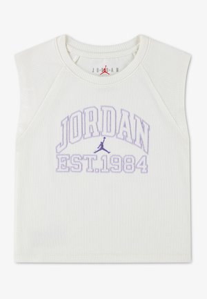 Fehér, ujjatlan, bordás tank top, mellrészen lila "JORDAN EST. 1984" felirattal és Jumpman logóval hímzett.