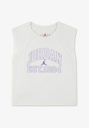 Débardeur blanc côtelé sans manches avec l'inscription "JORDAN EST. 1984" et le logo Jumpman brodés en violet sur la poitrine.