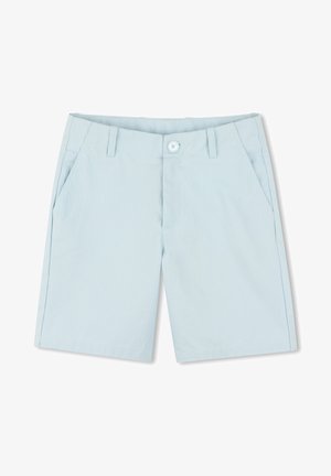 Shorts bleu clair en tissu à texture subtile, dotés de poches avant et d'une fermeture à un bouton. Coupe classique et longueur au genou.