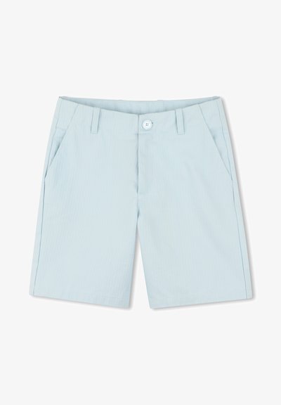 Shorts bleu clair en tissu à texture subtile, dotés de poches avant et d'une fermeture à un bouton. Coupe classique et longueur au genou.