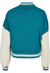 Blouson bomber bi-matière bleu-vert et crème avec col, poignets et taille côtelés avec des détails à rayures, vu de dos.