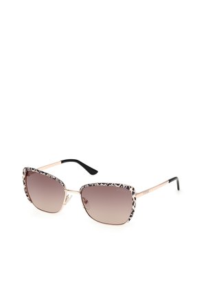 Occhiali da sole con montatura in acetato con stampa leopardata, lenti marroni sfumate, dettagli in metallo dorato e terminali in plastica nera.