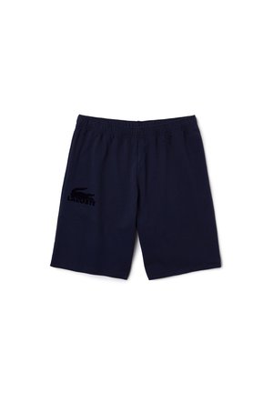 Blauwe katoenen shorts met een elastische tailleband, voorzien van een gestructureerd zwart Lacoste-logo op het linkerpijpschrift. Eenvoudig, onopgesmukt ontwerp.