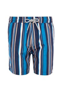 Pantalones de baño con rayas verticales en colores azul, navy y melocotón, con cintura de cordón y tejido ligero.