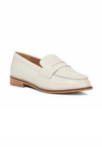 White leather loafers with a rounded toe, penny strap detail, and a low wooden heel; stitched edge along the sole.