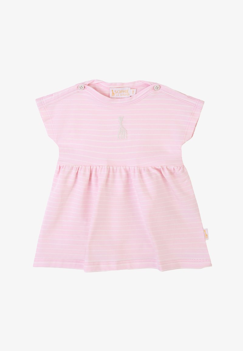 Abito rosa a maniche corte con righe bianche, gonna arricciata e un piccolo dettagli ricamato di una giraffa sul petto. Chiusura con bottoni a pressione al collo.