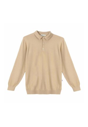 Polo beige à manches longues avec trois boutons et poignets et ourlet côtelés, présenté sur un fond blanc.