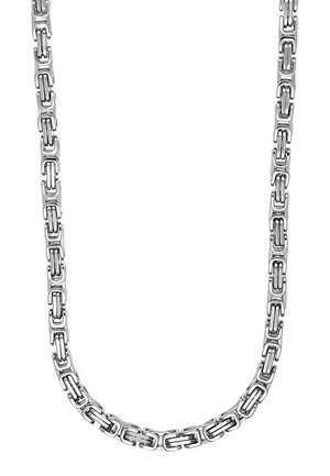 Srebrny naszyjnik łańcuszkowy z prostokątnymi, połączonymi ogniwami tworzącymi ciągłą, polerowaną metalową pętlę.